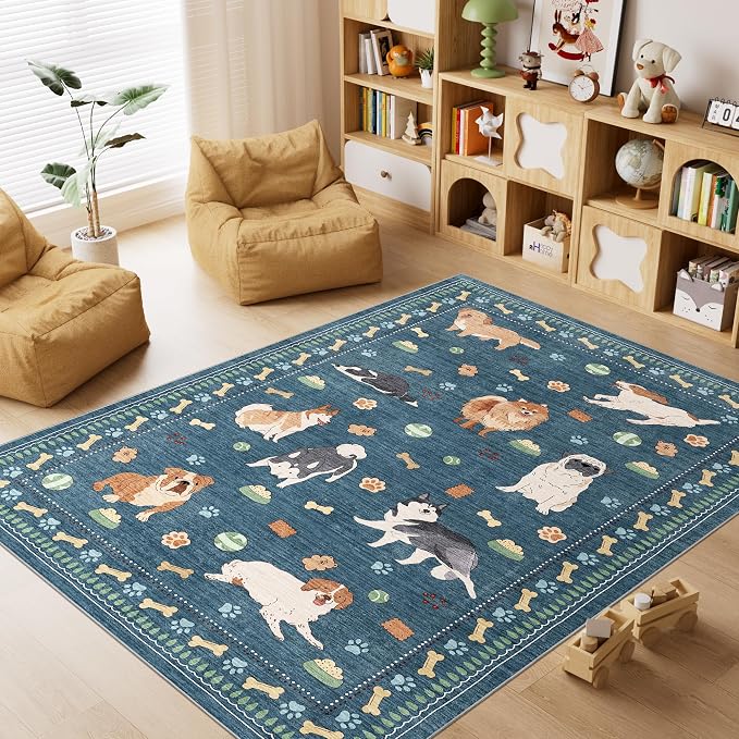 DUKINO 4x6 Area Rug, Non Slip Washable Rug for Living Room with Low Pile Design, Lightweight & Non Shedding Animal Dog Print Indoor Soft Carpet for Bedroom, Dining Room, Kids Room, Office, Blue