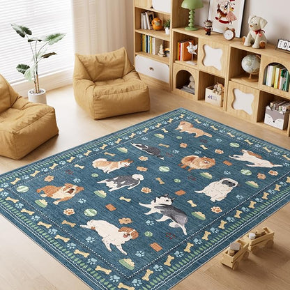 DUKINO 4x6 Area Rug, Non Slip Washable Rug for Living Room with Low Pile Design, Lightweight & Non Shedding Animal Dog Print Indoor Soft Carpet for Bedroom, Dining Room, Kids Room, Office, Blue