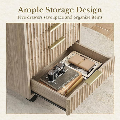 7 Drawer File Cabinet with Wheels for Home Office, Light Walnut | Fluted 7 Drawer Chest, Wood File Cabinet with Lockable Wheels, Anti-Tip Design