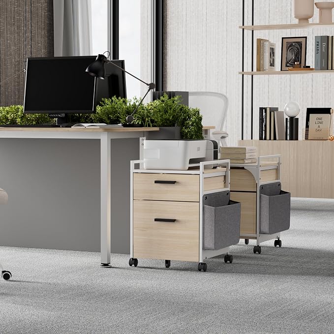 EUREKA ERGONOMIC 2 Drawer Mobile File Cabinet with Wheels, Solid Wood Rolling Storage Cabinet for Home Office, Space-Saving Under Desk Organization with Printer Stand,White
