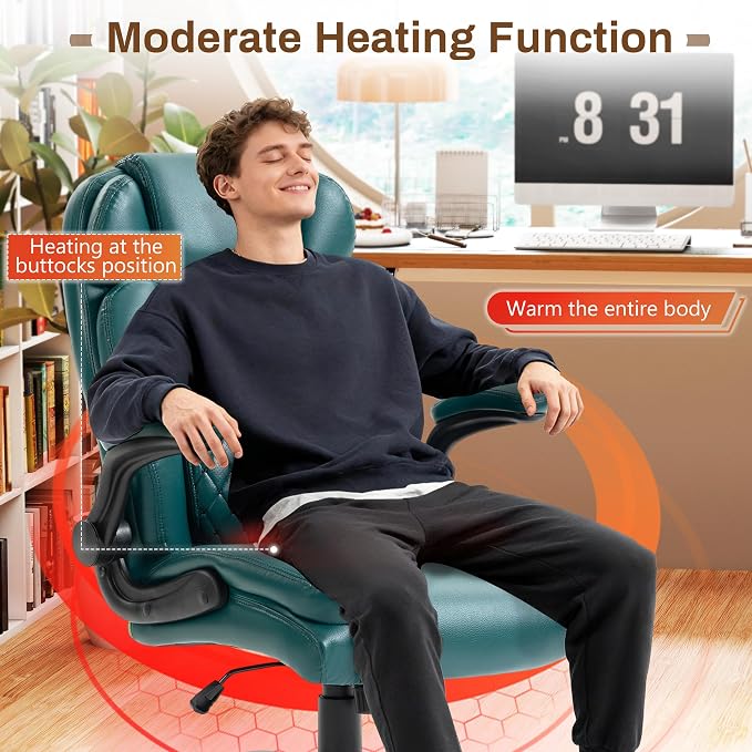 Massage Office Chair,500LBS Ergonomic Rocking Executive Desk Chairs with 4 Points Vibration&Heat,Padded Flipup Armrests for Big and Tall Office Chair,Swivel Computer Chair PU DarkGreen