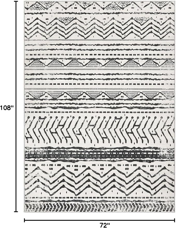 Nakagishi Area Rug Living Room Rugs: 6X9 Machine Washable Boho Large Neutral Farmhouse Stain Resistant Moroccan Indoor Floor Carpet for Bedroom Nursery Dorm Dining Room Home-Ivory Black