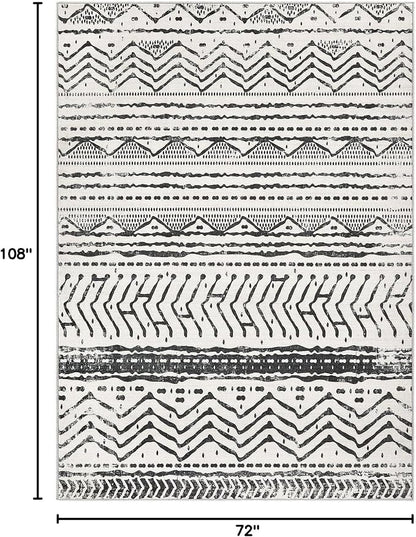 Nakagishi Area Rug Living Room Rugs: 6X9 Machine Washable Boho Large Neutral Farmhouse Stain Resistant Moroccan Indoor Floor Carpet for Bedroom Nursery Dorm Dining Room Home-Ivory Black