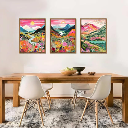 Floating Framed Large Boho Colorful Mountain Wall Art Set of 3, Abstract Watercolor Landscape Flower Wall Decor Paintings, Modern Nature Sunset Forest Posters Prints for Living Room 16x24 Inch