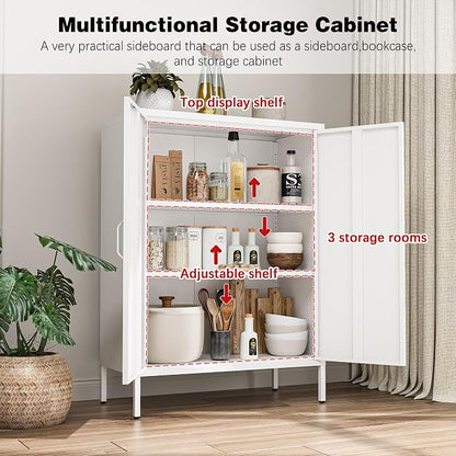 Bevivog Metal Locker Cabinet with 2 Doors, White Metal Accent Cabinets for Home Office, 40" Counter Height Storage Lockers Sideboard for Home Office Kitchen Living Room Hallway Entryway