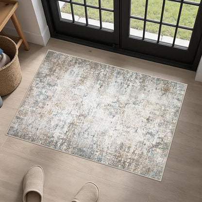 Washable Area Rug 2x3 Entryway Rug: Washable Modern Abstract Soft Thin Rug Indoor Floor No Slip Stain Resistant Carpet for Bedroom Dining Room Farmhouse Nursery Home Office - Brown Grey