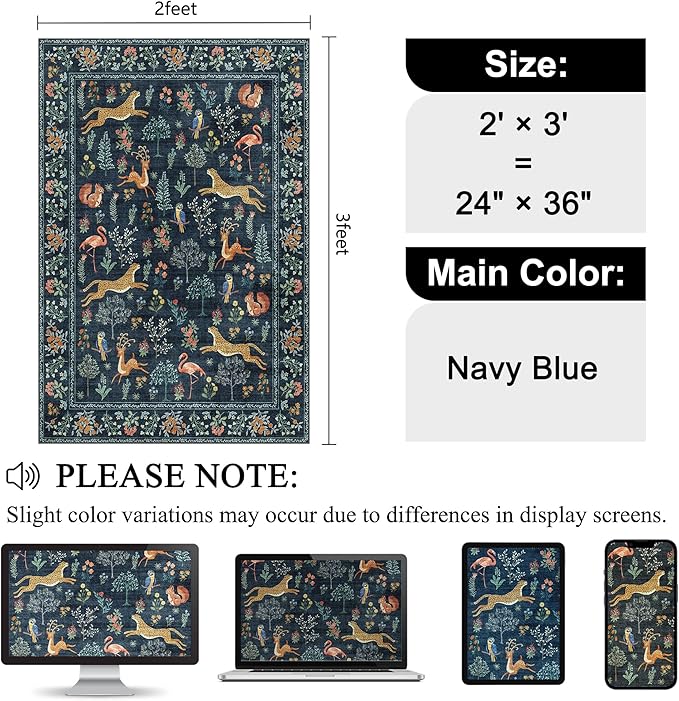 DUKINO 2x3 Rug, Washable Animal Rugs for Entryway, Non Slip Indoor Door Mat, Soft Low Pile Small Area Carpet for Entrance, Bedroom, Kitchen, Laundry, Bathroom, Navy Blue