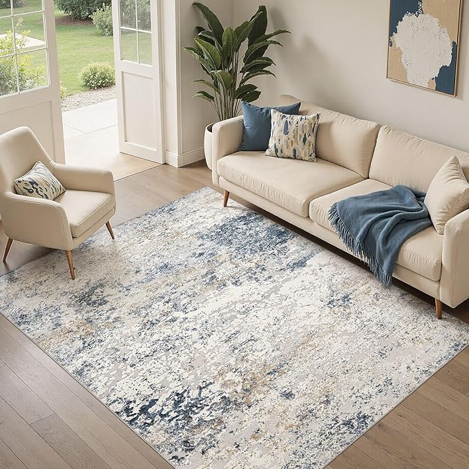 Area Rug Living Room Rugs - 5x7 Abstract Large Soft Indoor Washable Rug Neutral Modern Low Pile Carpet for Bedroom Dining Room Farmhouse Home Office - Beige Blue