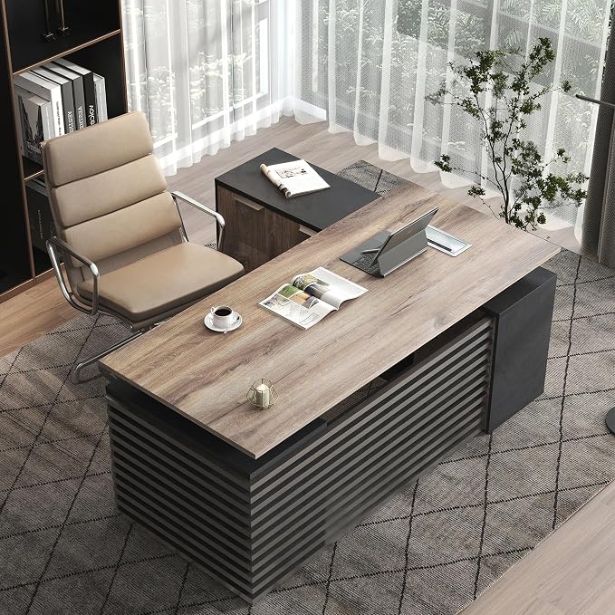 SAINTCY 70.87In L Shaped Executive Standing Desk with Drawers, Large Modern Adjustable Heigh Home Office Desk w/File Cabinet, AC/USB, Business Workstation, Black and Warm Oak