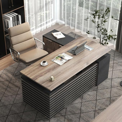 SAINTCY 70.87In L Shaped Executive Standing Desk with Drawers, Large Modern Adjustable Heigh Home Office Desk w/File Cabinet, AC/USB, Business Workstation, Black and Warm Oak