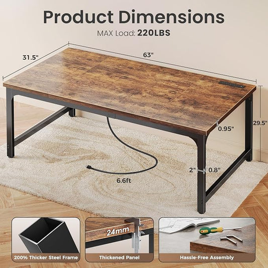 Huuger 63 x 31.5 inch Desk with Power Outlets & USB-C, 0.95 Inch Thicker Desktop, Robust Metal Tubes, Deep Computer Desk, Heavy Duty Office Desk, for Home Office, Rustic Brown
