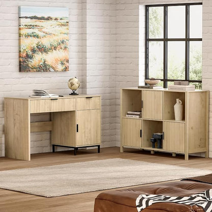 EYYTHUNG 47" Fluted Executive Desk, Modern Wood Home Office Desk with Charging Station, Drawer & Cabinet, Computer Writing Desk for Work Study, Light Oak
