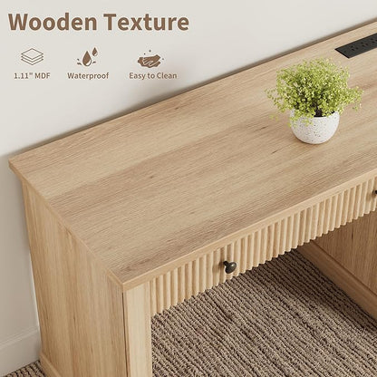 Garvee Fluted Home Office Desk with File Drawer, 54" Modern Executive Desk with Charging Station, Wooden Computer Writing Desk for Home Office, Study Room, Oak