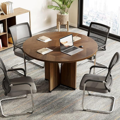 LITTLE TREE 39-Inch Conference Table for 4, Round Meeting Table with X-Shape Pedestal, for Office, Conference Room, Small Spaces, Dark Brown