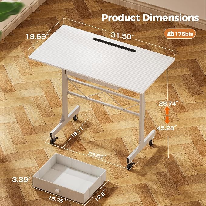 COMHOMA Portable Standing Desk Adjustable Height 30.7"-46.4", Standing Desk with Drawers, Mobile Rolling Computer Desk for Home Office Work and Walking Pad Treadmill, Carbon Fiber White