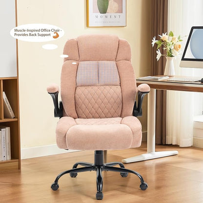 Massage Office Chair,500LBS Ergonomic Rocking Executive Desk Chairs with 4 Points Vibration&Heat,Padded Flipup Armrests for Big and Tall Office Chair,Swivel Computer Chair Fabric Pink