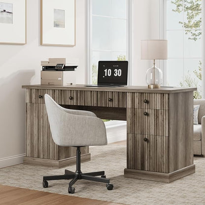 Garvee 60" Office Desk with Storage & Drawers, Fluted Wood Executive Desk with File Drawer & Charging Station, Modern Computer Desk with Adjustable Shelves for Home Office, Grey