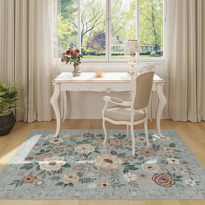 DUKINO 4x6 Feet Office Chair Mat, Lightweight Non Slip Washable Floral Area Rug, Indoor Low Pile & Non-Shedding Boho Design Rugs for Bedroom, Living Room, Dining Room, Sage Green