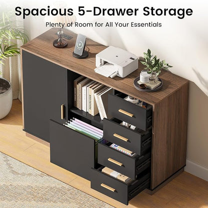 ModernMate File Cabinet with 5 Drawer & Charging Station, 47.2" Office Storage Cabinet with Door & Adjustable Shelves, Printer Stand with Open Shelf for Home Office, Fits A4/Letter Size, Black Walnut