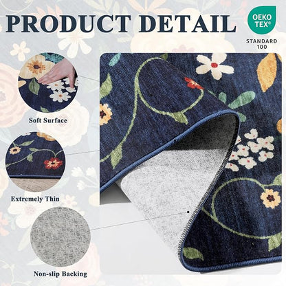 DUKINO 3x8 Runner Rug, Washable Rug for Kitchen with Non Slip Backing, Soft Non Shedding & Low Pile Design Long Floor Carpet Runner for Hallway, Bathroom, Entryway, Laundry, Navy Blue