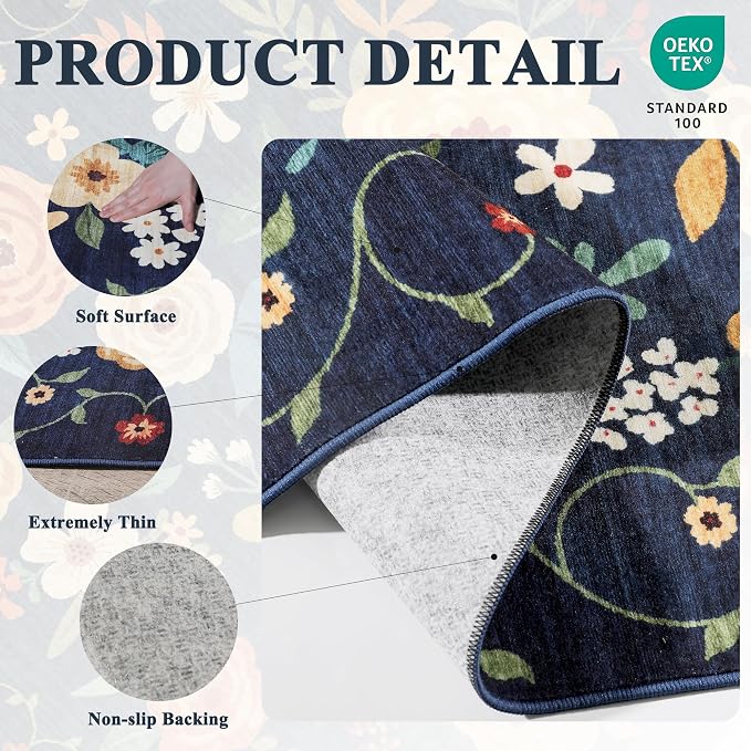 DUKINO 2x8 Runner Rug for Hallway, Washable Kitchen Runner Rug with Rubber Backing Non Slip, Low Pile Soft Boho Floral Thin Carpet for Entryway, Hallway, Bathroom, Laundry Room, Navy Blue
