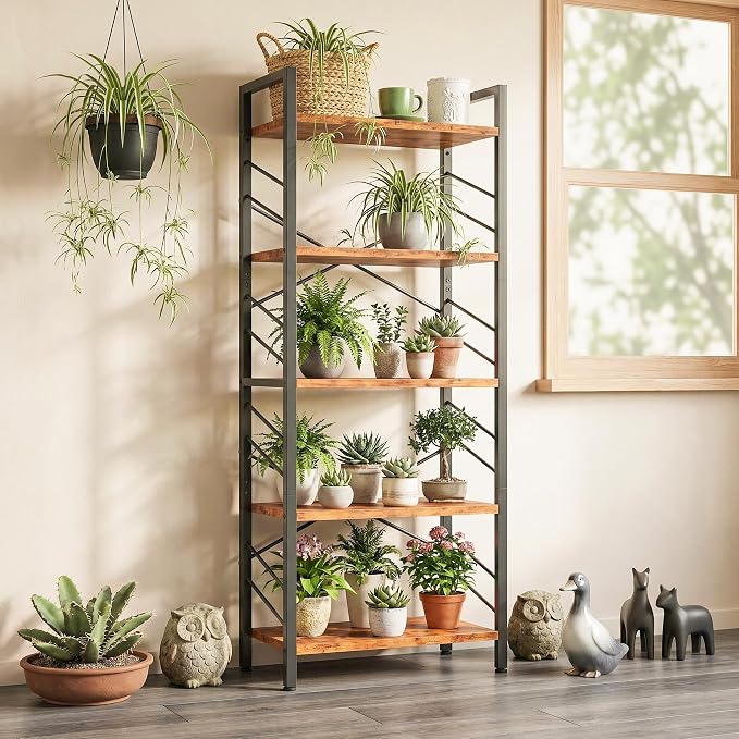 DurayLoly 2 Pieces 5 Tier Bookshelf, Tall Bookshelf with Metal Frame and Sidebars, Modern Bookcase for Bedroom, Home Office and Living Room, Rustic Brown