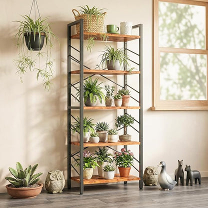 DurayLoly 2 Pieces 5 Tier Bookshelf, Tall Bookshelf with Metal Frame and Sidebars, Modern Bookcase for Bedroom, Home Office and Living Room, Rustic Brown