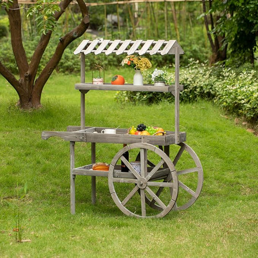 Antique Rustic Solid Wood Decor Display Rack Cart Wood Plant Stand 3 Tier with Wheels for Display, Wood Wagon with Shelves for Plants and More