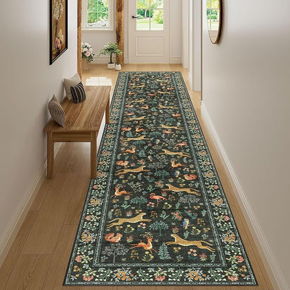 DUKINO 2.6x12 Hallway Runner Rug, Vintage Washable Loog Kitchen Rug with Non Slip Backing, Stain Resistant & Low Pile Animal Print Floor Carpet for Indoor Entrance Bathroom, Laundry, Bedroom, Black