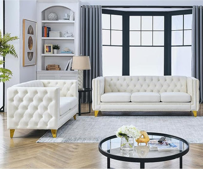 mikibama 2PC Velvet Sofa Couch Set for Living Room,Button Tufted 3 Seater Sofa and 2 Seater Loveseat Couch,Modern Upholstered Sofas with Nailhead Trims,Golden Metal Legs for Bedroom