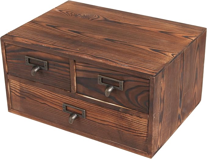 MyGift Wooden Desk Organizer with Drawers, Dark Brown Wood Desktop Storage Cabinet with 3 Drawers for Office Supplies, Sewing Kits and Accessories
