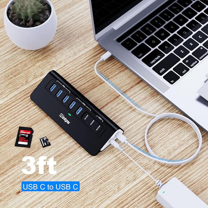 Powered USB Hub 10Gbps, Intpw YH6AC Plus 10 Port USB 3.2 Hub(USB A/USB C 3.2+3 USB-A 3.0+2 PD 45W Fast Charging Port+SD/TF Card Reader), 65W Power Adapter,Aluminum USB HUB for PC,Laptop,iPhone 17/16