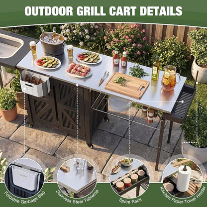 3-in-1 Outdoor Grill Cart with Sink & Faucet, Stainless Steel Top Outdoor Kitchen Island, Prep Table with Foldable Side Table, Storage Cabinet, Rolling Grill Station with Wheels for Patio, Backyard