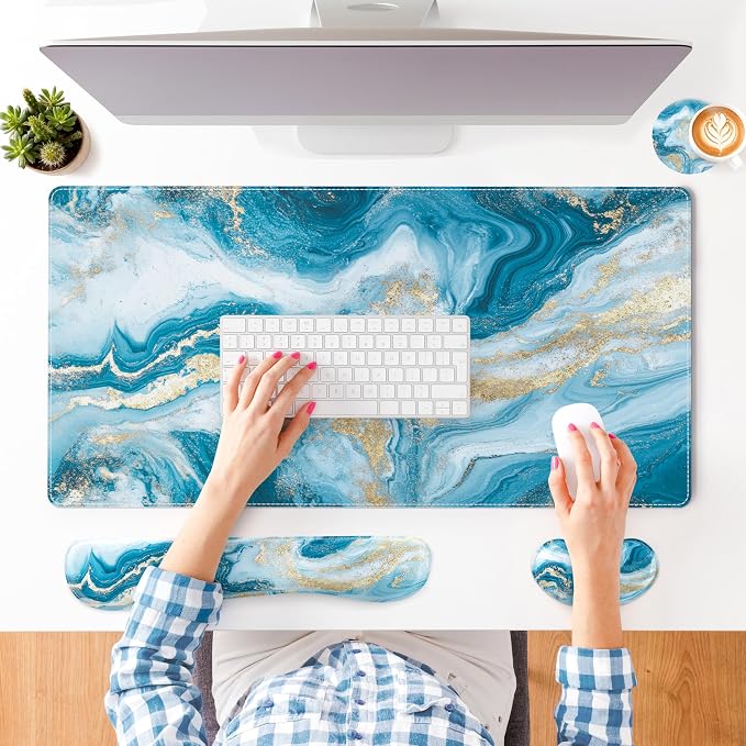 QIYI Leather Desk Mat Set, 4-in-1 Large Mouse Pad with Ergonomic Wrist Rest, Waterproof Desk Pad + Keyboard Wrist Rest + Mouse Wrist Support+Coaster, Non-Slip Office Gaming Accessories, Blue Fluid Art