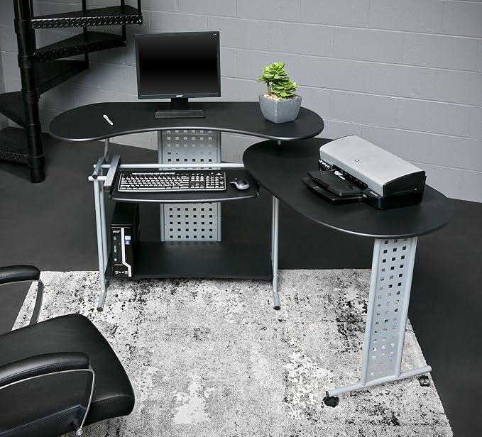 OneSpace Regallo Expandable L-Shaped Desk, Office Computer Desk with 2 Shelves, Black