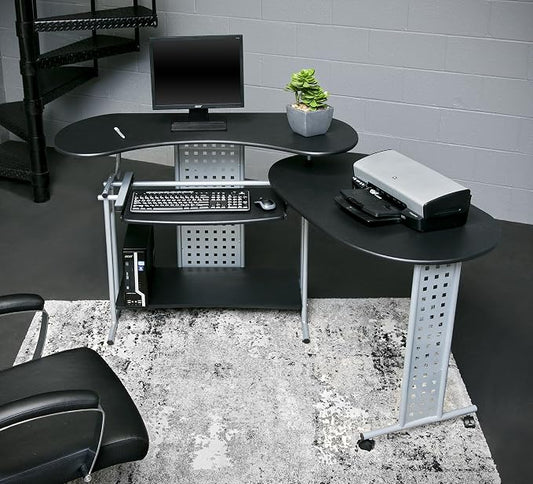 OneSpace Regallo Expandable L-Shaped Desk, Office Computer Desk with 2 Shelves, Black