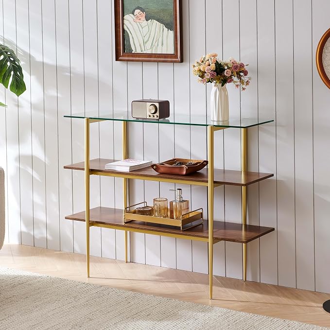 LumFurn Glass Console Table for Living Room, Foyer & Entrance, H41 x W14 x H31inch, 3-Tier Mid-Century Modern Sofa Table with Clear Glass Top, Walnut Finish Wood Shelf and Gold Finish Frame