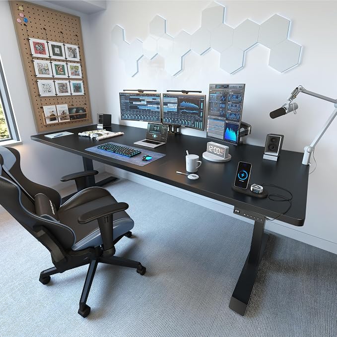 FEZIBO 71 x 37 Inch Electric Standing Desk with Integrated Dual-Beam & Cable Management, Memory Height Adjustable Computer Desk for Home Office Workstation, 1" Thick Large 3-Piece Tabletop Black
