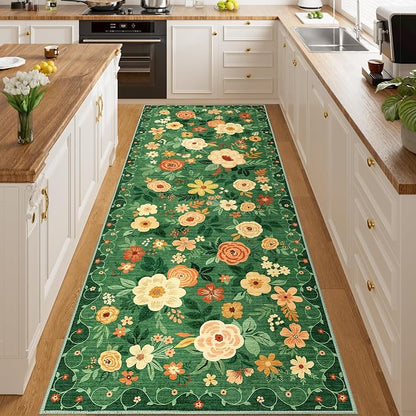DUKINO 3x8 Runner Rug, Washable Rug for Kitchen with Non Slip Backing, Soft Non Shedding & Low Pile Design Long Floor Carpet Runner for Hallway, Bathroom, Entryway, Laundry, Dark Green