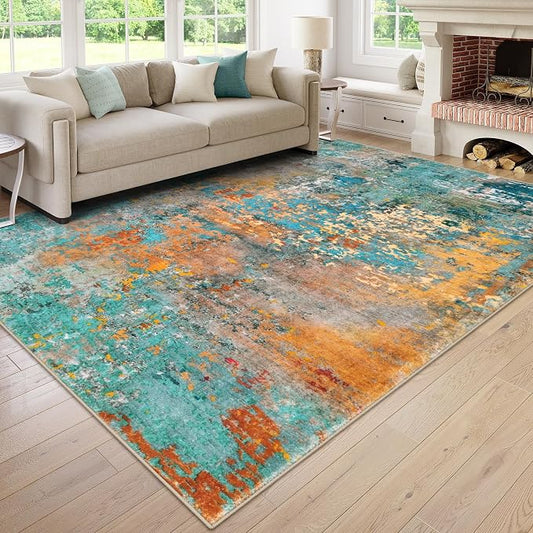 Lahome Modern Abstract Area Rugs 9x12 Living Room Rug, Washable Rugs for Living Room Bedroom Low Pile Non Slip, Colorful Large Soft Indoor Carpet for Dining Room Table Apartment Classroom