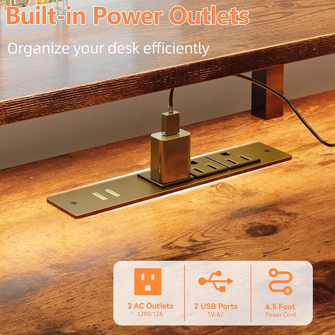 Furologee 51" Computer Desk with Power Outlet and LED Lights, Reversible Home Office Desk with File Cabinet & Monitor Stand, Large Gaming Table with Storage Shelves & Drawer, Rustic Brown