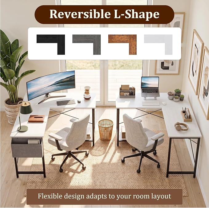 Alpen Corner Desk, L Shaped Gaming Desk with Storage Pocket and CPU Stand, Work Desk for Home Office, Small Corner Study Writing Table with Sturdy Metal Frame, 50 Inch, Classic White