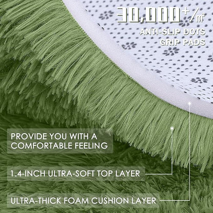OLANLY Green Round Rugs for Bedroom - Machine Washable, 6 ft Circle Area Rugs for Living Room, Soft and Fluffy Shaggy Carpet for Teen Girl and Boys, Nursery Rooms, Dorms, Home Decor Aesthetic