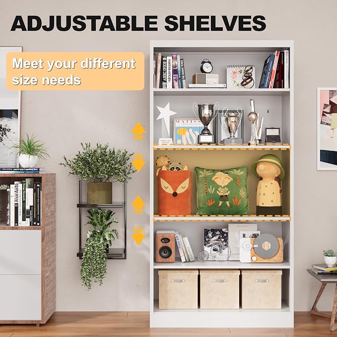 VASAAOSD 66" Tall Metal Bookcase, 5 Shelf White Bookcase with Adjustable Shelves, Large Bookshelves and Bookcases, Modern Book Shelf Storage Organizer for Living Room, Home Office, Library