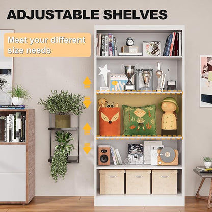 VASAAOSD 66" Tall Metal Bookcase, 5 Shelf White Bookcase with Adjustable Shelves, Large Bookshelves and Bookcases, Modern Book Shelf Storage Organizer for Living Room, Home Office, Library