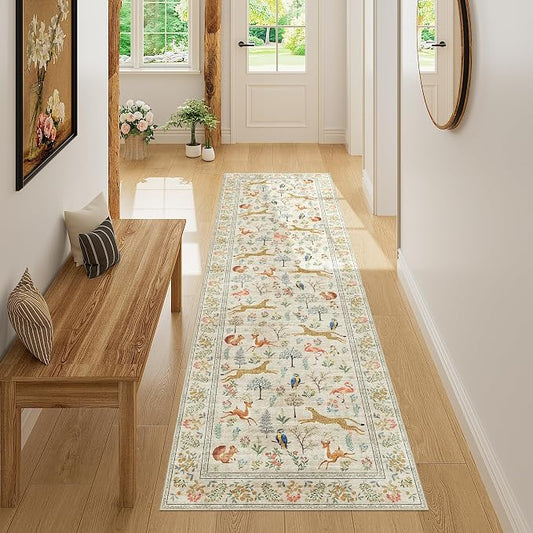 DUKINO Runner Rug, 2x7 Washable Kitchen Rugs for Hallways with Non Slip Backing, Soft Low Pile Vintage Animal Runner for Kitchen, Hallway, Entryway, Laundry, Bedroom, Beige