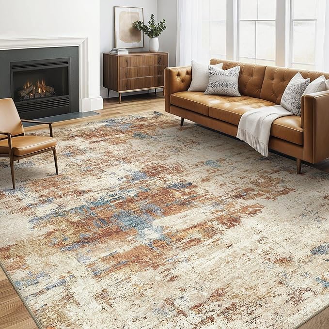6x9 Area Rugs Washable Rug: Large Abstract Modern Soft Stain Resistant Indoor Floor Non-Slip Accent Carpet for Living Room Bedroom Nursery Playroom Dining Room Office Dorm Home House- Blue Orange