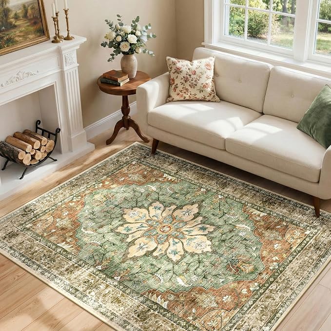 RELEANY Area Rugs 4'x6' Washable Non-Slip, Floral Vintage Distress Medallion Carpet for Living Room Bedroom Dining Room, Terracotta Burnt Orange Green