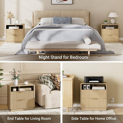 Fluted Nightstand, 23" Wide Night Stand, Modern Nightstand with Charging Station, 2 Drawer Large End Table w/Storage, Bedside Table for Bedroom Sofa Home Office, Curved Corners, Natural Oak