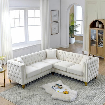 mikibama Modern L-Shaped Sofa Couch with Nailhead Trim,Chesterfiled Velvet 5 Seater Corner Sofas for Living Room,Button Tufted Modular Sectional Sofa with Gold Metal Legs (Velvet Beige, L-Shaped)